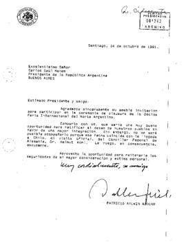 [Carta del Presidente Aylwin al Presidente de la Republica de Argentina, respecto a invitación pa...