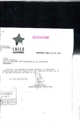 [Remite programa oficial de inauguración pabellón chileno en Expo Sevilla'92]