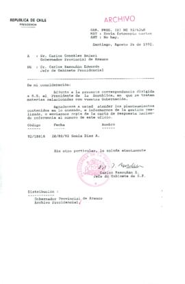 [Carta del Jefe de Gabinete de la Presidencia a Gobernador Provincial de Arauco]