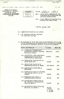 Fax Nº243/90 enviado por el Gobernador Provincial de Linares al Subsecretario del Interior, mediante el cual informa la nómina de proyectos que se propone financiar con recursos del Fondo Social asignado por el Presidente de la República a la provincia