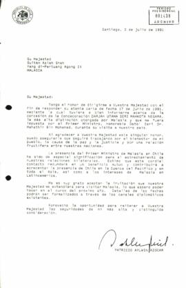 Carta de Patricio Aylwin Azócar, dirigida a Su Majestad Sultán Azlah Shah Yang di - Pertuang Agong IX - Malasia