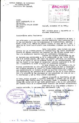 [Solicitud de Apoyo del Comando Regional de Exonerados Políticos de Atacama dirigido al President...