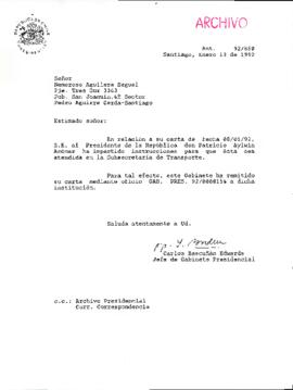 [Carta de respuesta dirigida al Sr. Nemoroso Aguilera remitiendo su carta a Subsecretaría de Transporte]