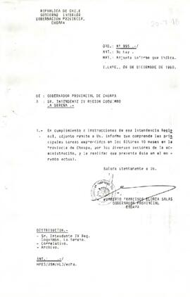 [Informe del Gobernador Provincial de Choapa al Intendente de la IV Región]