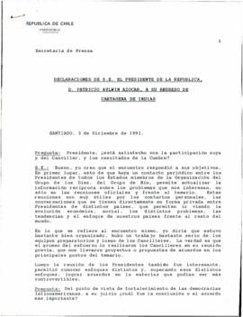 Declaraciones de S.E. el Presidente de la República, don Patricio Aylwin Azócar, a su regreso de Cartagena de Indias
