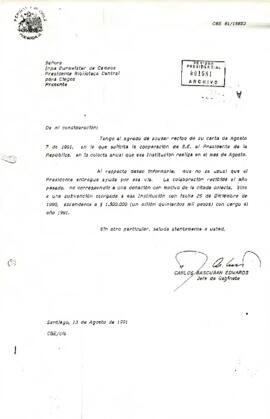 Carta de Carlos Bascuñán Edwards, Jefe de Gabinete Presidencial, a Irma Burmeister de Campos, Presidenta Biblioteca Central para Ciegos