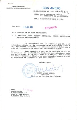 [Oficio Ord.  N° 14461 de Director de Política Multilateral, remite traducción de carta]