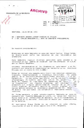 [Carta del respuesta del Gabinete de la Señora Leonor Oyarzún de Aylwin dirigida al Jefe del Gabi...