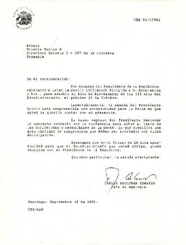 Carta de Carlos Bascuñán Edwards, Jefe de Gabinete Presidencial, a Oriette Marino W., Directora Escuela D-597 de La Cisterna, sobre invitación al Presidente de la República a aniversario del establecimiento