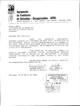 Carta de Asociación de Familiares de Detenidos Desaparecidos solicita entrevista con el Pdte. Patricio Aylwin