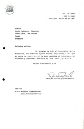 [Carta de respuesta por remisión de correspondencia enviada al Presidente, redirigiéndola al Ministerio de Vivienda y Urbanismo]