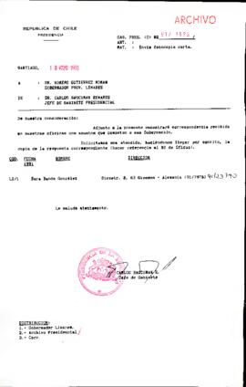 [Se remite fotocopia correspondencia a Gobernador Provincial  Linares]