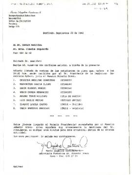 [Carta con lista de estudiantes de piano que serán recibidos por el Presidente Patricio Alywin]