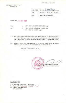 [Carta de Jefe de Gabinete a Sr. Isidro Solís sobre solicitud de Sociedad Minera San José para ef...