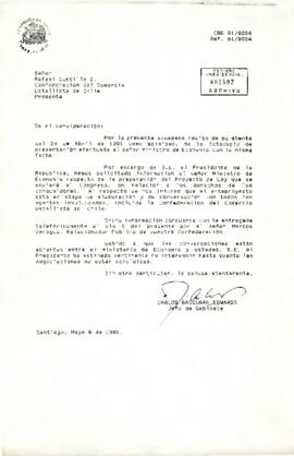 Carta de Carlos Bascuñán Edwards, Jefe de Gabinete Presidencial, a Rafael Cumsille Z., Confederación del Comercio Detallista de Chile, sobre proyecto de ley de protección de los consumidores y gestiones con el Ministerio de Economía
