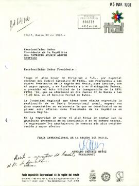 Carta de FITAL [Feria Internacional de Talca] de su Presidente, sr. Arnoldo Sánchez Muñoz, dirigida al Excelentísimo Señor Presidente de la República Don Patricio Aylwin Azócar