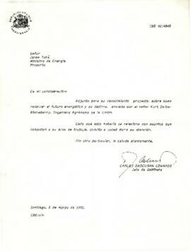 Carlos Bascuñán Edwards, Jefe de Gabinete Presidencial, a Jaime Tohá, Ministro de Energía, remite proyecto sobre cómo resolver el futuro energético y su destino