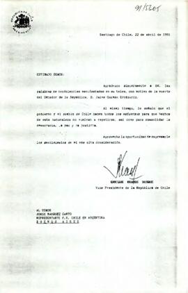 [Carta de respuesta a Jorge Márquez Canto Representante P.R. Chile en Argentina por mensaje de co...