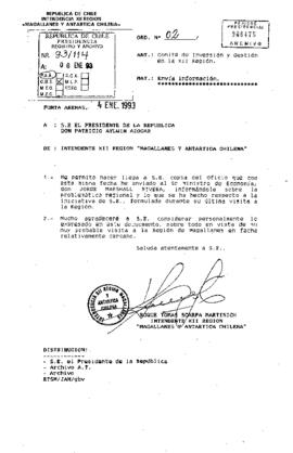 Carta [Ord. Nº2] enviada por el Intendente de la XII Región de Magallanes y Antártica Chilena al Presidente de la República, mediante la cual remite copia de un oficio dirigido al Ministro de Economía sobre la situación regional