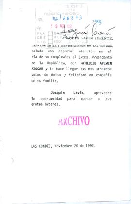 [Saludo de Cumpleaños del Alcalde de Las Condes, Joaquín Lavín al Presidente Patricio Aylwin]