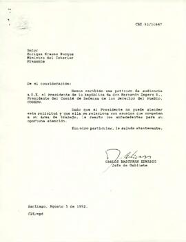 Carta de Carlos Bascuñán Edwards, Jefe de Gabinete Presidencial, a Enrique Krauss Rusque, Ministro del Interior, sobre solicitud de audiencia del CODEPU