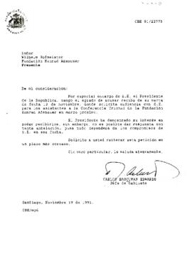 Carta del Jefe de Gabinete, sr. Carlos Bascuñán Edwards dirigida al Señor Wilhelm Hofmeister de la Fundación Konrad Adenauer