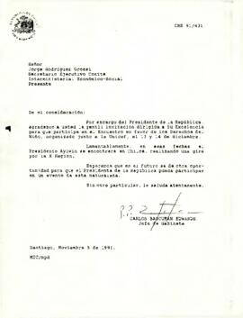 Carta de Carlos Bascuñán Edwards, Jefe de Gabinete Presidencial, a Jorge Rodríguez Grossi, Secretario Ejecutivo Comité Interministerial Económico-Social, sobre invitación al Presidente de la República a encuentro por los Derechos del Niño