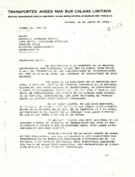 Carta desde Transportes Andes Mar Bus Calama Limitada, de su administrador, sr. Felipe Carvallo Cruz, y del Pdte. del Sindicato de Trabajadores, sr. Héctor Pineda Pineda, dirigida al Jefe del Depto. de Servicios Externos de la División Chuquicamata de Codelco, sr. Gregorio Lavanchy Merino