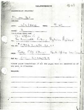 Fax - Transmission del sr. Pierre JJ Olivier, Juez de la Suprema Corte de Sudáfrica, dirigida a su Excelencia Honorable sr. Patricio Aylwin Azócar, Presidente Electo de Chile