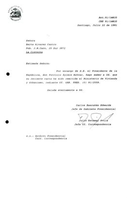 [Carta de respuesta por remisión de correspondencia enviada al Presidente, redirigiéndola al Ministerio de Vivienda y Urbanismo ]