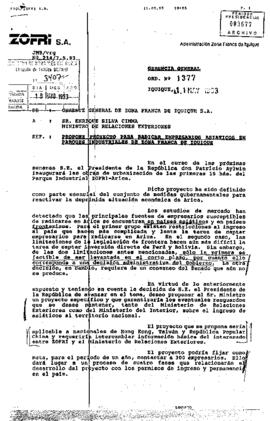 Ord. Nº 1377 Desde ZOFRI S.A. de su Gerente General al Sr. Enrique Silva Cimma, Ministro de Relaciones Exteriores
