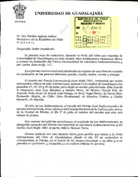 Carta invitación a participar como miembro del Presidium de Honor, en la Ceremonia de Premiación del poeta Don Nicanor Parra