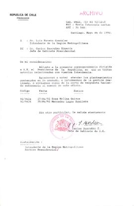 [Carta del Jefe de Gabinete de la Presidencia a Intendente de la Región Metropolitana]