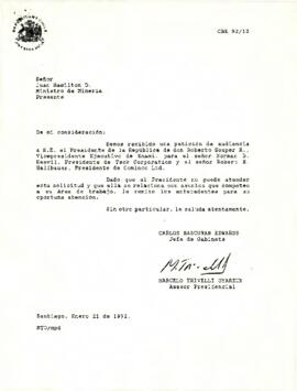 Carta de Carlos Bascuñán Edwards, Jefe de Gabinete Presidencial, a Juan Hamilton D., Ministro de Minería, sobre solicitud de audiencia de ejecutivos de empresas mineras