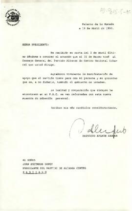 [Carta del Presidente de la República al Presidente del Partido de Alianza de Centro, agradeciendo apoyo del Partido].