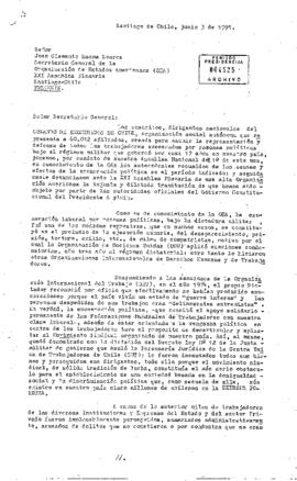 Carta enviada por dirigentes nacionales del Comando de Exonerados de Chile al Secretario General de la OEA, Joao Clemente Baena Soares, durante la XXI Asamblea Plenaria en Santiago de Chile