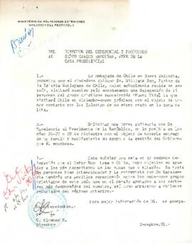 Carta del Director del Ceremonial y Protocolo, Ministerio de Relaciones Exteriores, a Carlos Bascuñán, Jefe de la Casa Presidencial, sobre solicitud de audiencia para delegación cristiana neozelandesa “Nueva Vida” encabezada por Williams Ron