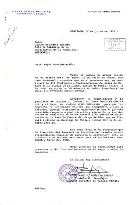 Carta desde la Dirección General de Carabineros de Chile, de su General Director Subrogante, General Inspector Alfredo S. Núñez Allendes, dirigida al Señor Carlos Bascuñán Edwards, Jefe de Gabinete de la Presidencia de la República