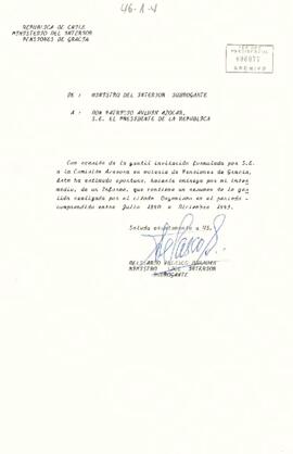 Carta desde el Ministerio del Interior, de su ministro subrogante, sr. Belisario Velasco Baraona, dirigida a Don Patricio Aylwin Azócar, S.E. El Presidente de la República