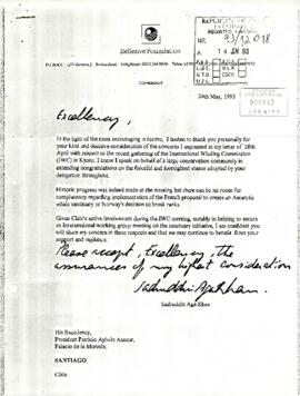 Carta desde Bellerive Foundation, Suiza, de su Presidente, sr. Sadruddin Aga Khan, dirigida al Presidente Patricio Aylwin Azócar
