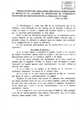Observaciones de José Miguel Barros, Embajador de Chile en Francia, sobre proyecto de acuerdo de protección de inversiones negociado sin participación de la Embajada en París