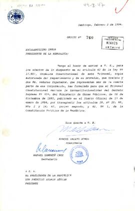 [Carta del Presidente del Tribunal Constitucional sobre petitorio de diputados en declarar inconstitucional el Decreto Supremo N° 434]
