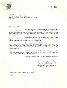 Carta de Carlos Bascuñán Edwards, Jefe de Gabinete Presidencial, a Erwin Haverbeck Ojeda, Rector de la Universidad Austral de Chile, sobre invitación al Presidente de la República para asistir al Seminario del Consejo de Rectores del Sur