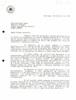 Carta de Patricio Aylwin Azócar, dirigida al Excelentísimo Señor Mahathir Mohamed, Primer Ministro de Malasia