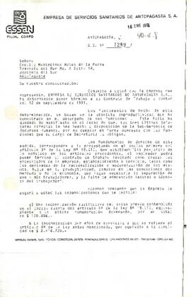 Carta G.G. Nº 1289 de la Empresa de Servicios Sanitarios de Antofagasta S.A., de su Gerente General, sr. Renato Agurto Vargas, dirigida a la Sra. Cecilia Montecinos Matus de la Parra