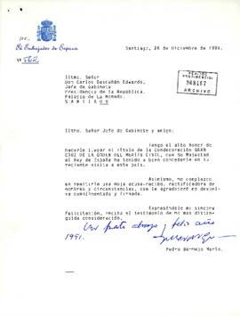 Carta Nº 562 del Embajador de España en Chile, sr. Pedro Bermejo Marín, dirigida al Iltmo. Señor Don Carlos Bascuñán Edwards, Jefe de Gabinete Presidencia de la República