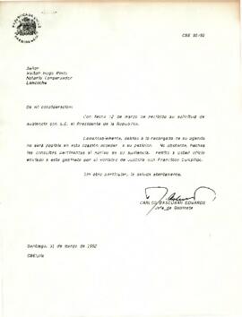Carta de Carlos Bascuñán Edwards, Jefe de Gabinete Presidencial, a Walton Hugo Pinto, Notario Conservador de Loncoche