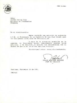 Carta de Carlos Bascuñán Edwards, Jefe de Gabinete Presidencial, a Germán Correa Díaz, Ministro de Transportes, sobre solicitud de audiencia de dirigentes sindicales de Ferrocarriles.