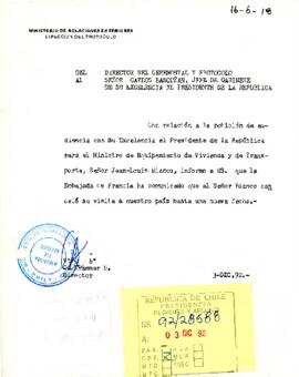 Carta del Director del Ceremonial y Protocolo del Ministerio de RR.EE, sr. C. Klammer B., dirigida al Señor Carlos Bascuñán, Jefe de Gabinete de su Excelencia el Presidente de la República con referencia a la cancelación del viaje del Ministro francés de Equipamiento de Vivienda y de Transporte, Señor Jean-Louis Blanc
