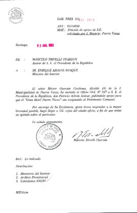 [Oficio Gab. Pres. Ord. N°3875 de Asesor Presidente de la República, solicitud de apoyo]